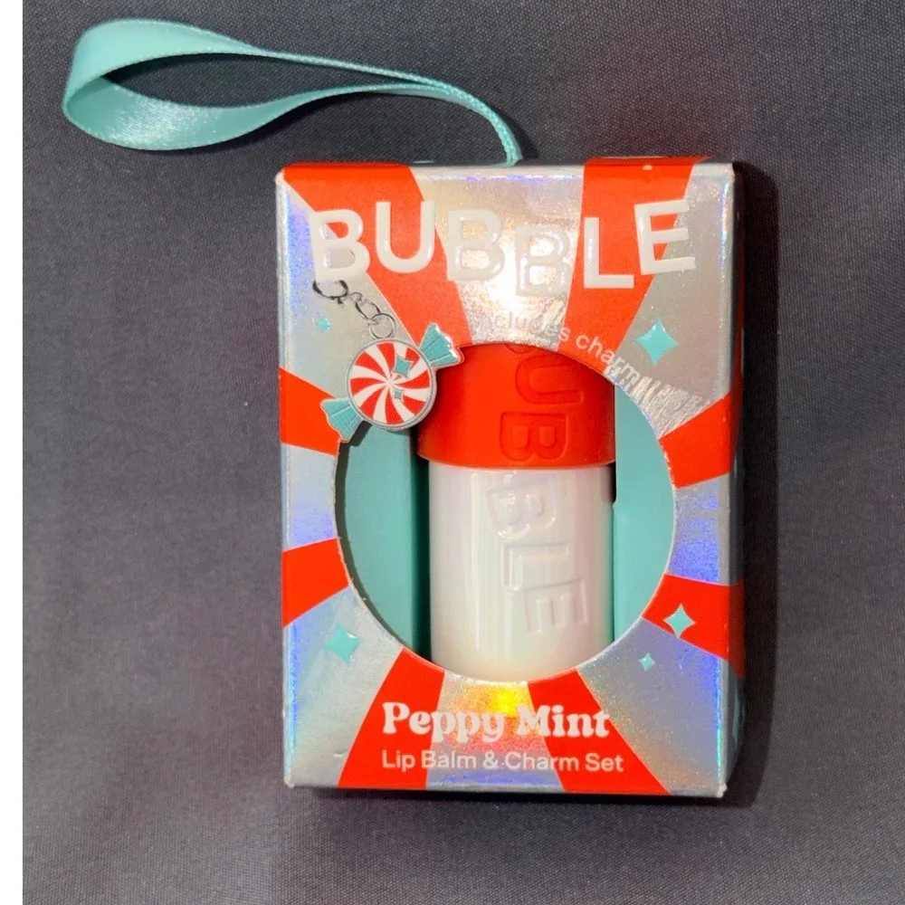 Bubble Peppy Mint Lip Balm & Charm Set Candy Cane Holiday Ornament New